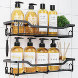 Corner Shower Caddy - 2 Pack, Adhesive Shower Organizers, Rustproof Stainless Steel Shower Shelves with 8 Hooks, No Drilling Bathroom Organizers and Storage Racks, Space-Saving, Black